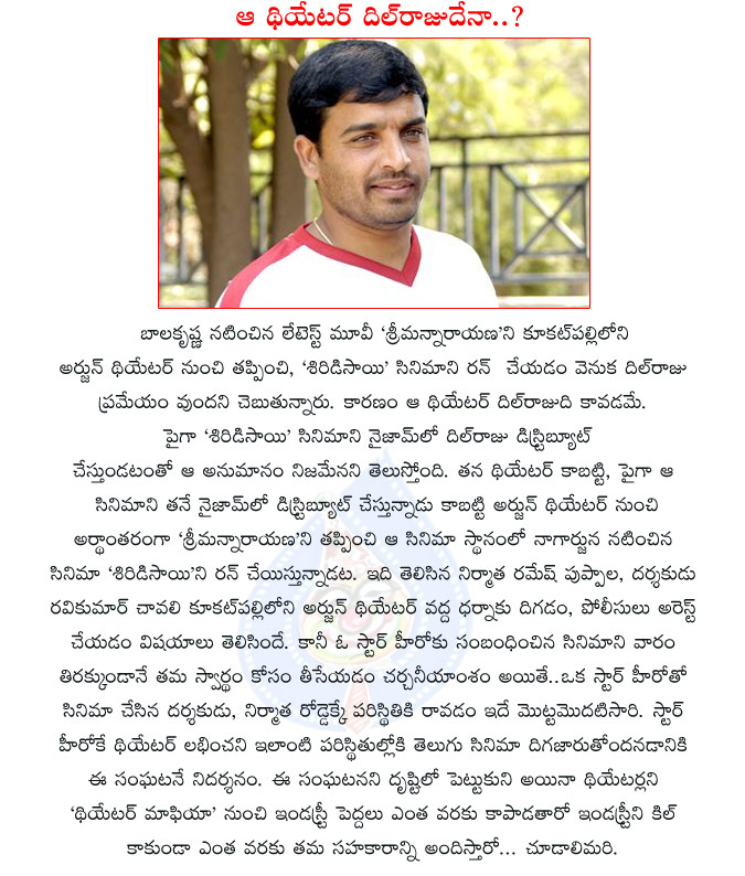 arjun theatre controversy,balakrishna,big star hero,dil raju,arjun theatre kukatpally,nagarjuna fans,shirdi sai,balakrishna fans,ramesh puppala,ravikumar chavali,theatre mafia,shirdi sai replace the srimannarana in kukatpally  arjun theatre controversy, balakrishna, big star hero, dil raju, arjun theatre kukatpally, nagarjuna fans, shirdi sai, balakrishna fans, ramesh puppala, ravikumar chavali, theatre mafia, shirdi sai replace the srimannarana in kukatpally